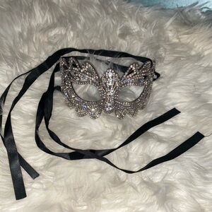 Elegant metal bedazzled Masquerade Mask with Black Ribbons